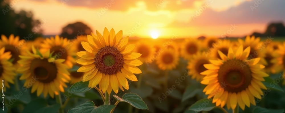 Obraz premium Golden hour sun dips behind vibrant sunflowers , nature, rays, evening
