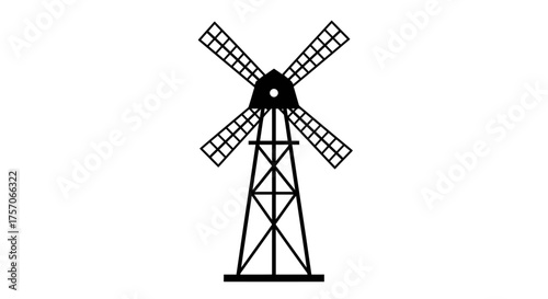 Silhouette of a traditional dutch windmill standing tall with blades rotating slowly capturing rural energy and heritage isolated on white background