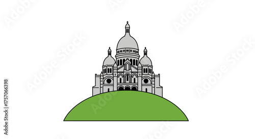 Majestic dome-shaped building architectural design on a grassy hill a symbol of grandeur and historical significance in a simplified artistic rendering isolated on white background