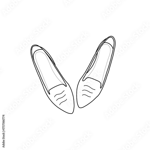 Pair of ballet flat shoes, stylish, featuring a classic design. Top view. Line drawing sketch, isolated on a white background.