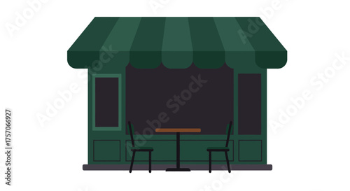 Charming green outdoor kiosk or small booth with awning offering refreshments or merchandise displayed simply isolated on white background