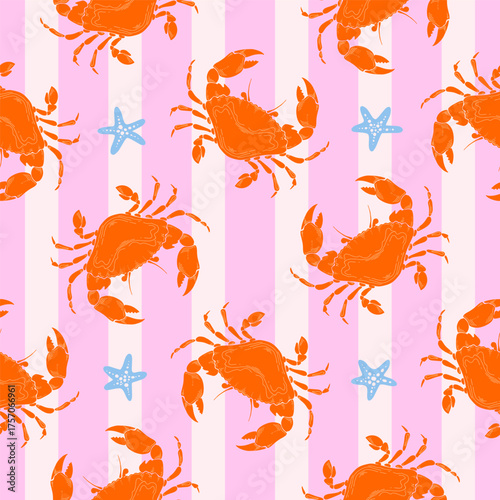 Crab Whimsical Seamless Pattern with starfish on pink striped Background. Vintage coastal print with retro seafood illustration and ocean life. Perfect for marine baby prints, nursery decor