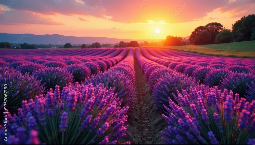 Fototapeta premium Rows of lavender bathed in warm sunset light, creating a picturesque view , beautiful, fields