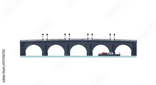 Historic arched stone bridge with street lamps and a small boat passing beneath in a scenic waterway scene isolated on white background