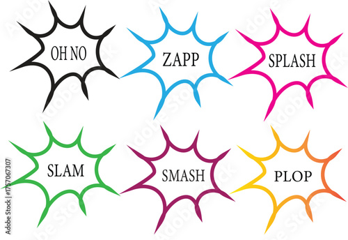 Comic speech bubbles with expressions: HELP, LOL, OH NO, BOOM, YEAH, SMASH, BANG, HELLO, NEW	