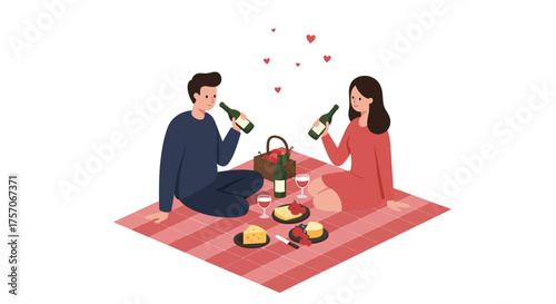 Romantic couple enjoying wine picnic outdoors amidst delicate decorations celebrating love and togetherness on a cheerful day isolated on white background