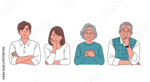 Four people in a row looking thoughtful, they are different ages and genders, each with their own expression of contemplation