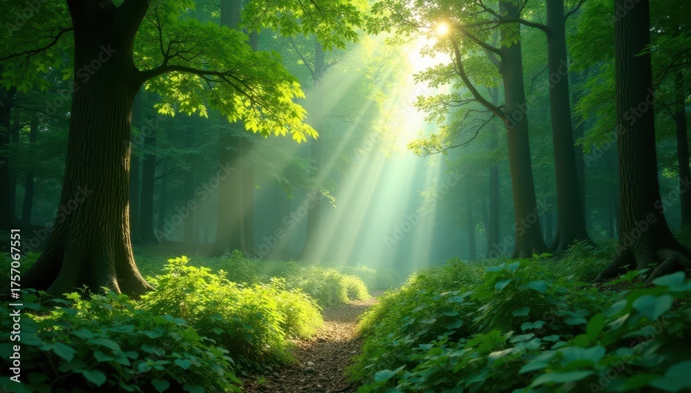 Obraz premium Sunbeams pierce emerald canopy, dappled light on forest floor, nature, dappled, tropical