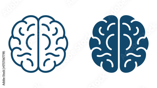 Iconic brain halves set two styles outline and filled deep blue for science and learning