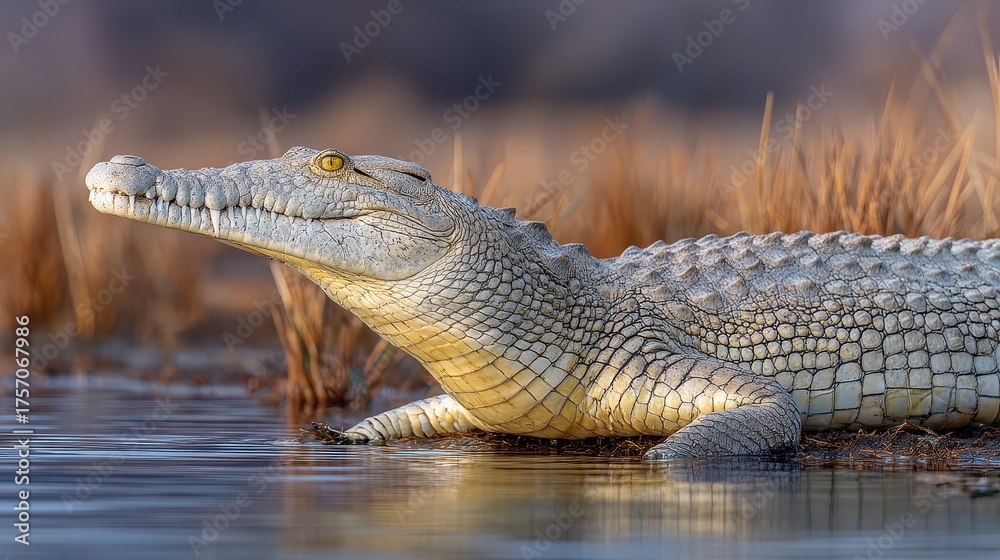 Fototapeta premium Crocodile Lifts Its Head From Water Near Reeds In Coastal Wetland