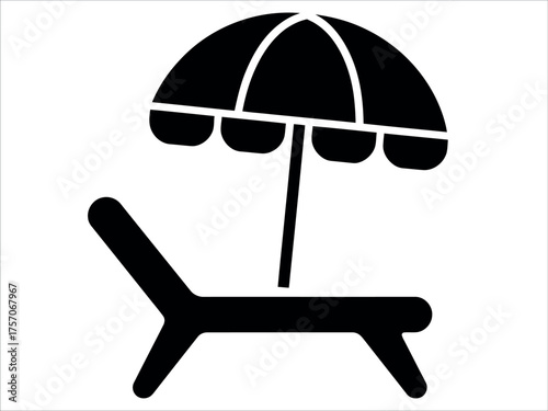 Beach chair silhouette under umbrella vector illustration — relaxing summer holiday icon perfect for travel, vacation, and tropical resort designs.

