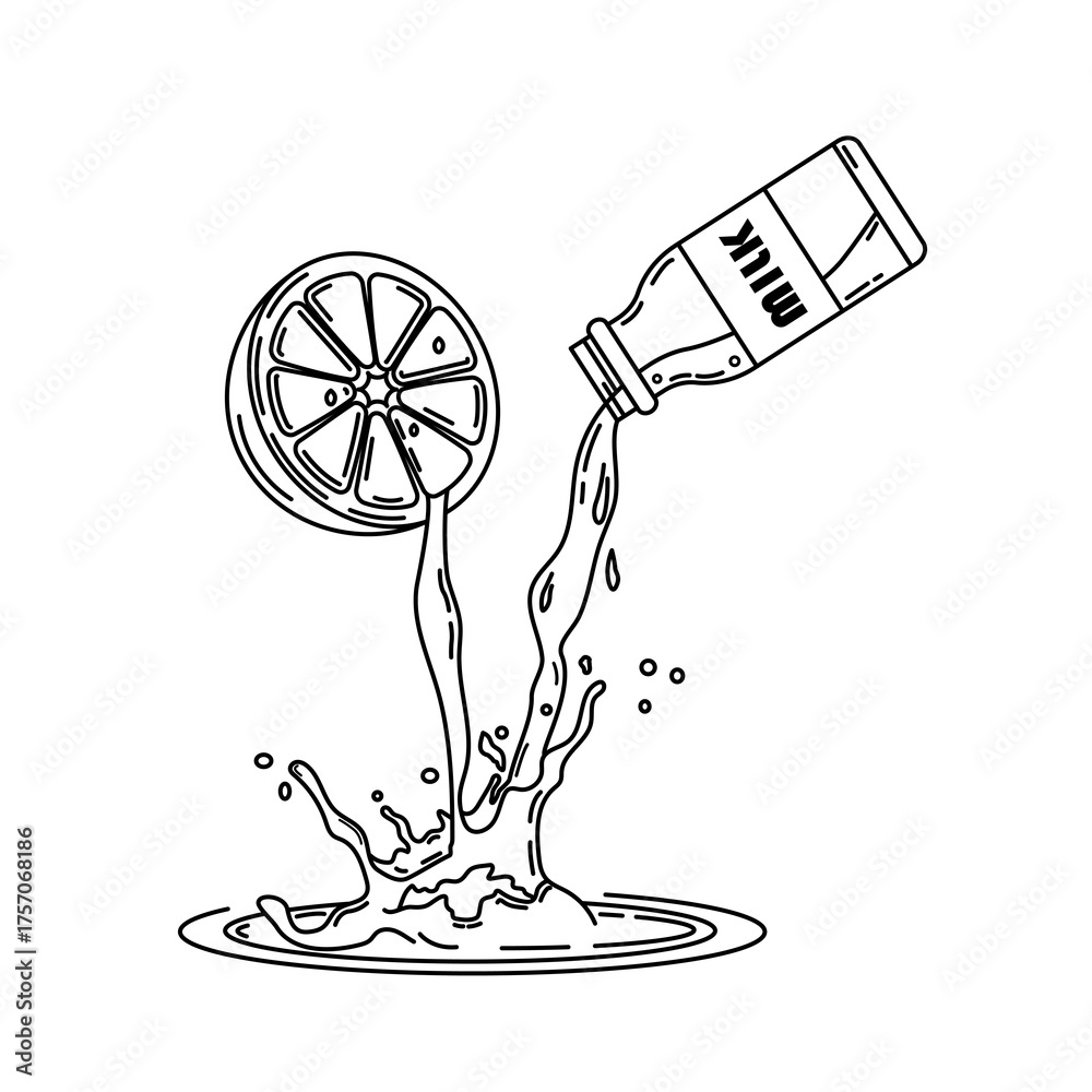 Obraz premium Bottle of fresh milk blending with freshly squeezed orange juice in a dynamic splash outline illustration