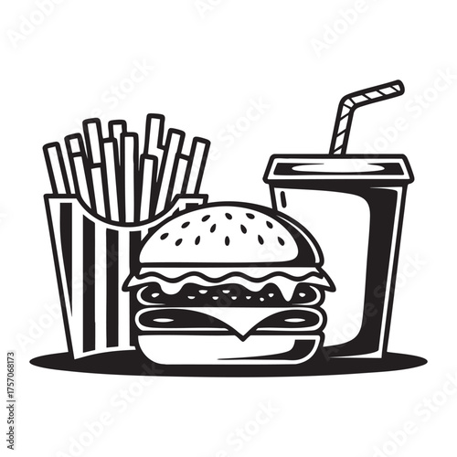 Classic fast food meal hamburger drink and french fries sketch style