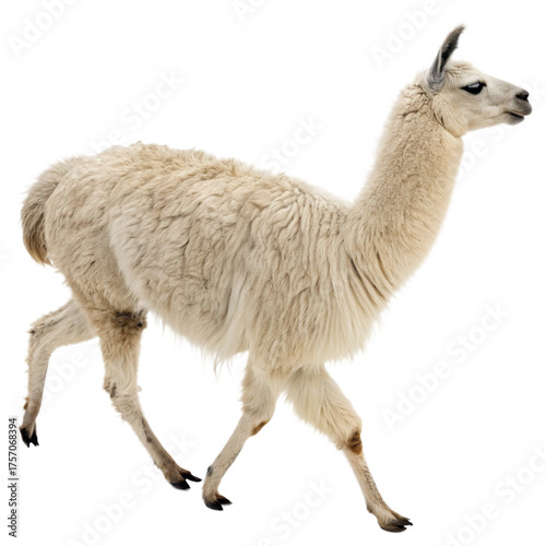 Graceful llama stands proudly on black background, showcasing its thick woolly coat and elegant profile, perfect for animal projects.
