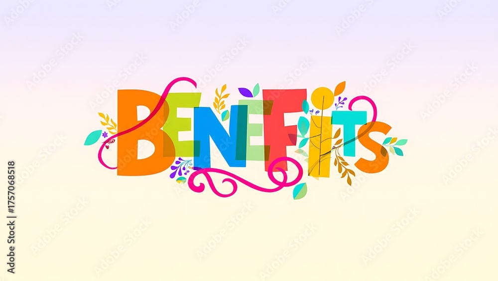 Fototapeta premium Colorful Illustration of the Word Benefits with Decorative Floral Elements