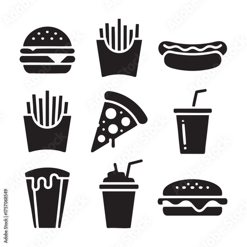 Collection of delicious fast food icons burger fries pizza hot dog drinks