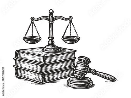 justice scales books and gavel engraving vector illustration