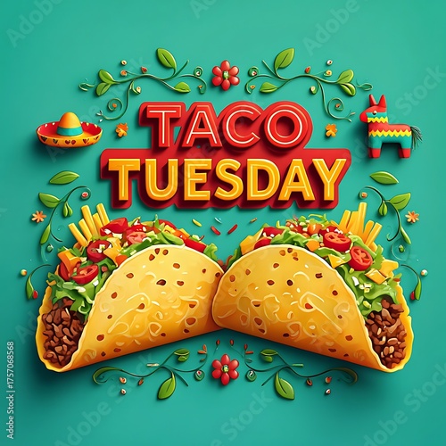 Colorful Taco Tuesday Illustration with Festive Decorations and Delicious Tacos