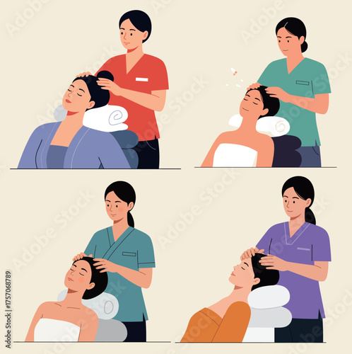Set of four illustrations showing women receiving relaxing head massages and hair treatments from professionals in a spa or salon.