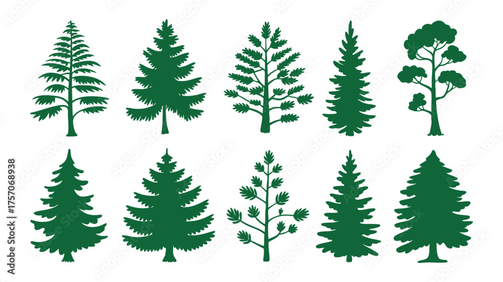 Obraz premium Collection of ten distinct green evergreen trees silhouetted for nature design elements
