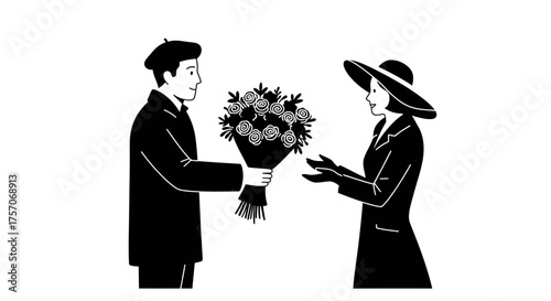 Man in suit gives bouquet of flowers to woman in hat romantic gesture of love and affection elegant couple celebrating special occasion tender moment isolated on white background