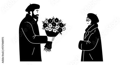Man giving bouquet of flowers to woman romantic gesture thoughtful gift love relationship surprise affection date present isolated on white background