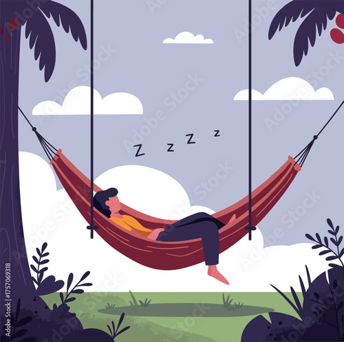 An illustration of a person peacefully sleeping in a red hammock suspended between trees in a lush, tropical outdoor setting under a cloudy sky.