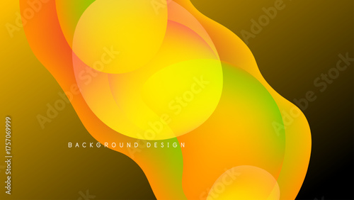 Abstract fluid shapes blend, creating vibrant yellow, orange, green gradients. Dark background emphasizes colorful design elements.