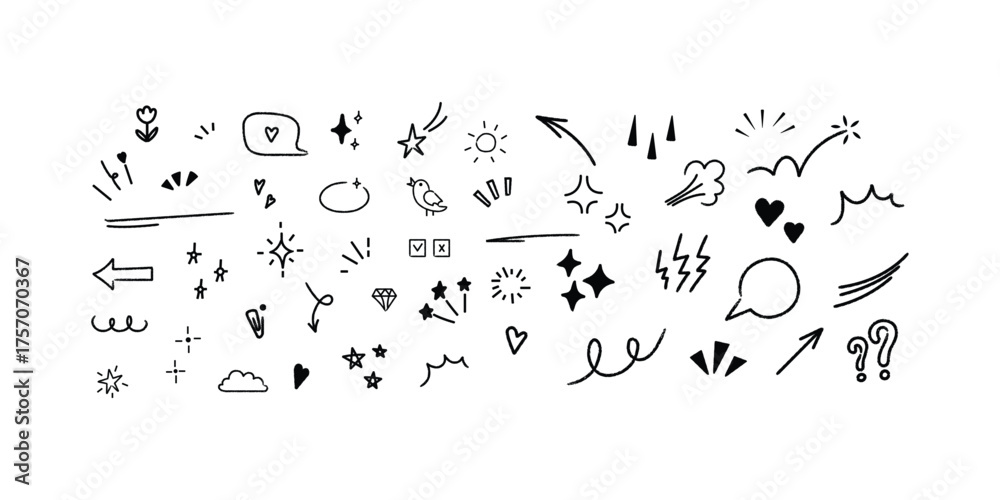 Obraz premium Hand Drawn Doodle Element Set. Cute Arrows, Hearts, Clouds, and Sparkle Sketch Icons for Journals and Creative Design