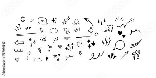 Hand Drawn Doodle Element Set. Cute Arrows, Hearts, Clouds, and Sparkle Sketch Icons for Journals and Creative Design