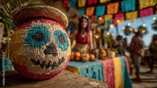 Day of the Dead celebration scene with Mexican woman hitting a piñata, colorful decorations and traditional altar setup, festive atmosphere for cultural and commercial design concepts