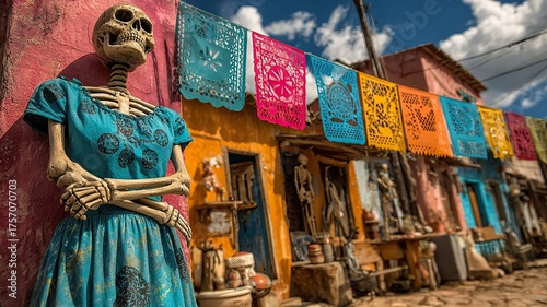 Day of the Dead street festival in Mexico with colorful decorations and skeleton figures, wooden sculpture of woman in traditional dress, vibrant banners, and sunlight-lit festive cultural scene