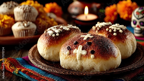 Pan de Muerto bread and sugar skulls on a Day of the Dead altar with marigolds and candlelight, cute cookies and pastries creating a warm festive Mexican celebration scene