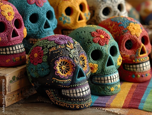 Colorful Mexican folk art masks inspired by the Day of the Dead, vibrant clay masks with smiling faces and floral decorations, joyful festive celebration scene