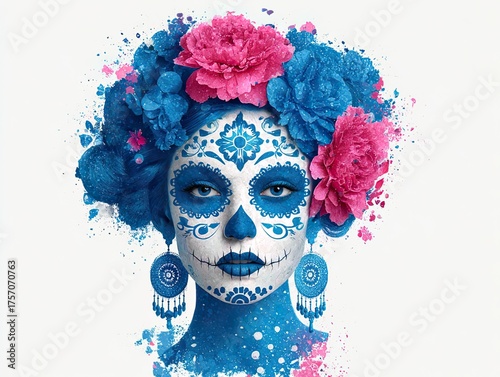 Mexican-style sugar skull face logo vector, flat design with colorful flowers in hair, simple shapes and white space, suitable for branding, festive design, and cultural illustration