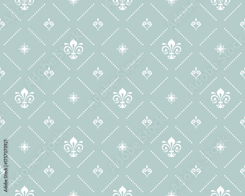 Seamless pattern. Modern geometric ornament with royal lilies. Classic light blue and white background