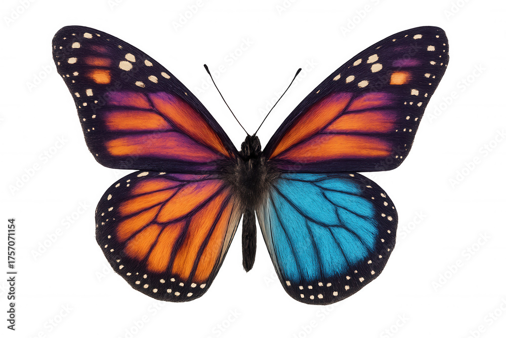 Fototapeta premium Butterfly showing colorful wings with shades of orange, purple, and blue, transparent background