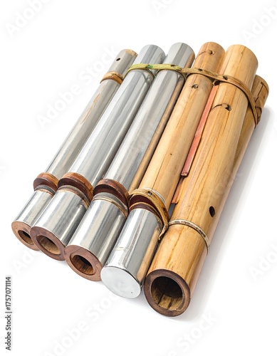 Grouped panpipe made of polished metal and bamboo on white