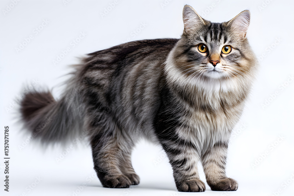 Obraz premium Kurilian Bobtail Cat with Unique Puff Tail Poses Elegantly on a White Background