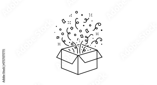 A clean and modern vector outline icon depicting an open cardboard box from which a burst of confetti, streamers, and dots is erupting