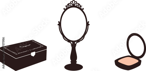 Vintage beauty accessory set with jewelry box, standing mirror and powder compact for elegant makeup vector illustration and design content.