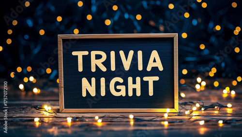 Trivia Night Golden Text Sign in Vintage Frame with okeh Lights