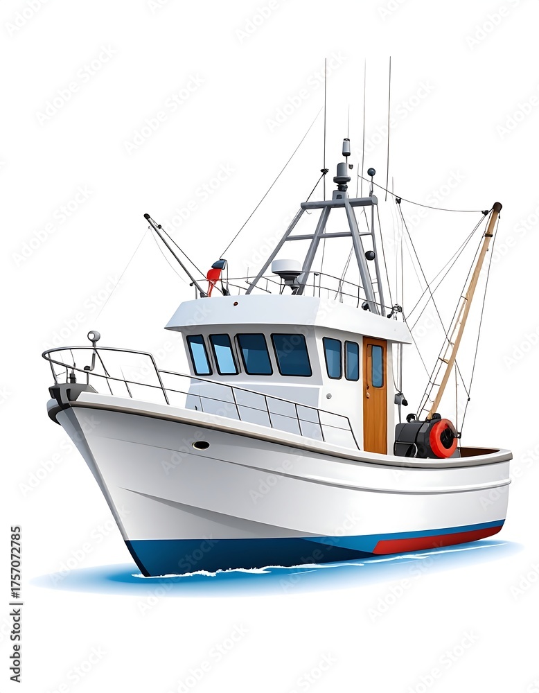 Fototapeta premium Illustration of a modern fishing vessel, white hull, blue trim, isolated