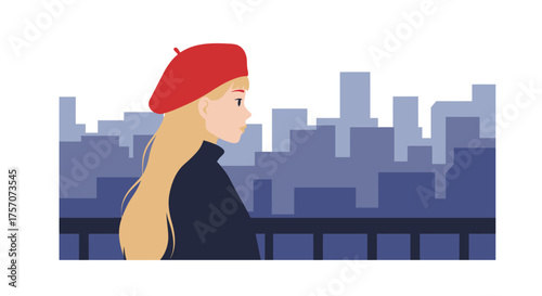 Stylish woman in red beret overlooking city skyline peaceful serene moment urban exploration and parisian chic isolated on white background