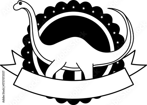 black and white logotype of A dinosaur is standing in front of a circle