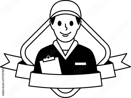 black and white logotype of delivery man holding a clipboard