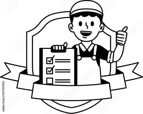 black and white logotype of delivery man holding a clipboard and giving a thumbs up