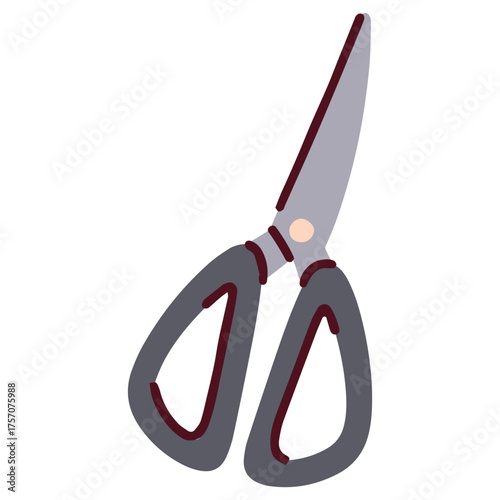 Large gray scissors with black handles. Classic sewing tool for tailoring, knitting, textile cutting and creative handmade projects.
