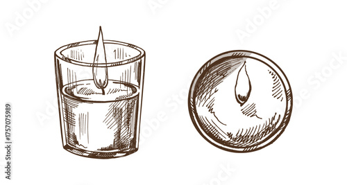 Hand drawn vintage sketch of burning candles in glass and top view monochrome illustration of classic candlelight