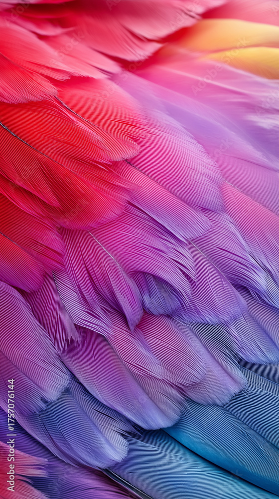 Obraz premium Close-up of colorful feathers in red, purple, and blue shades, symbolizing softness, lightness, creativity, and artistic texture. 